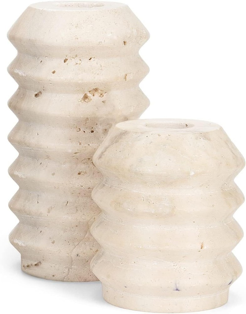 WORHE Candle Holders True Natural Travertine Stone 0.4″ Thick, Set of 2 White