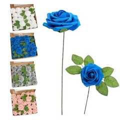 50pcs Blue White Artificial Flowers Foam Roses Decoration DIY for Wedding Party