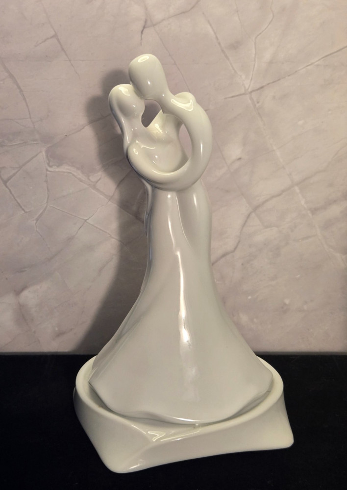 9″ White Ceramic Wedding Cake Topper Bride & Groom Abstract Embrace Figurine