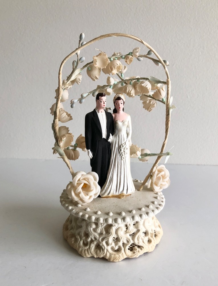 Vintage 1950s Wedding Cake Topper Bride Groom Floral Arch Mid Century