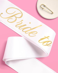 Bride and Groom Sash Duo 2 Pack | White and Black Satin, Gold Foil