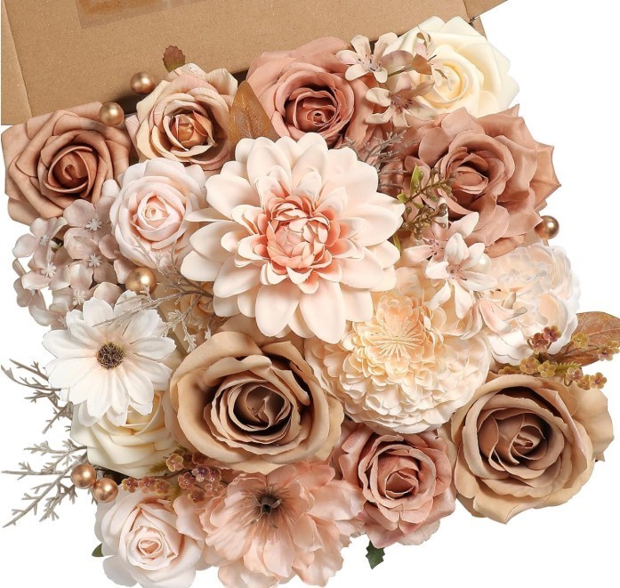Artificial Flowers Combo Set Fake Flower Leaf Box with Brown & Nude Color