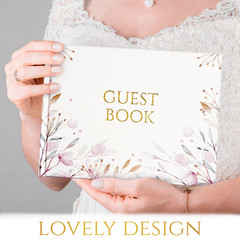 Guest Book Set Include Gold Pen and Corner Stickers Floral Design Sign-In Album