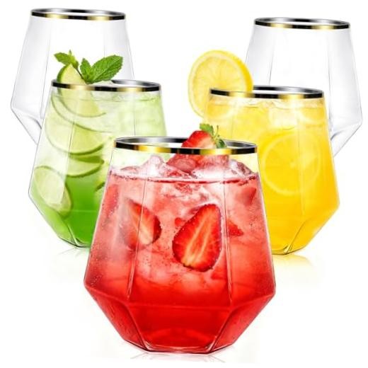 40 Pcak Plastic Stemless Wine cocktail Whiskey Champagne Gold Rim-40 Pack