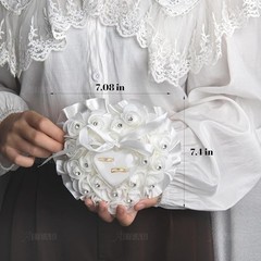 White Wedding Ring Holder Pillow Heart Shape Lace Rose Flower Rhinestone Crys…