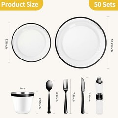 350 Piece Plastic Dinnerware Set for Party, Clear 350 Piece (50 guests) Black