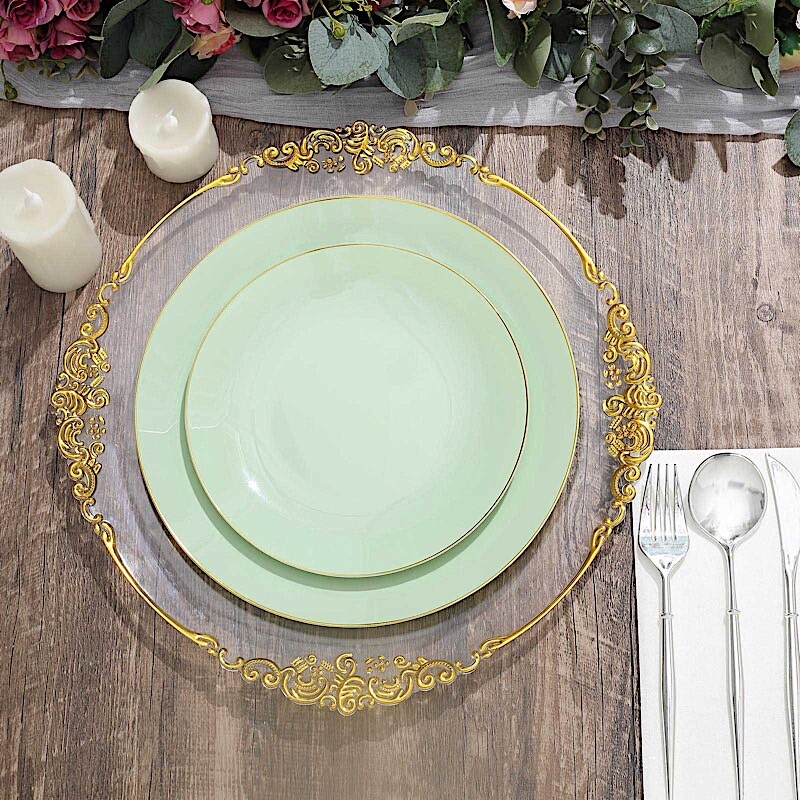 SAGE GREEN 10 Glossy 10″ Round Plastic Salad PLATES Gold Rim Party Events