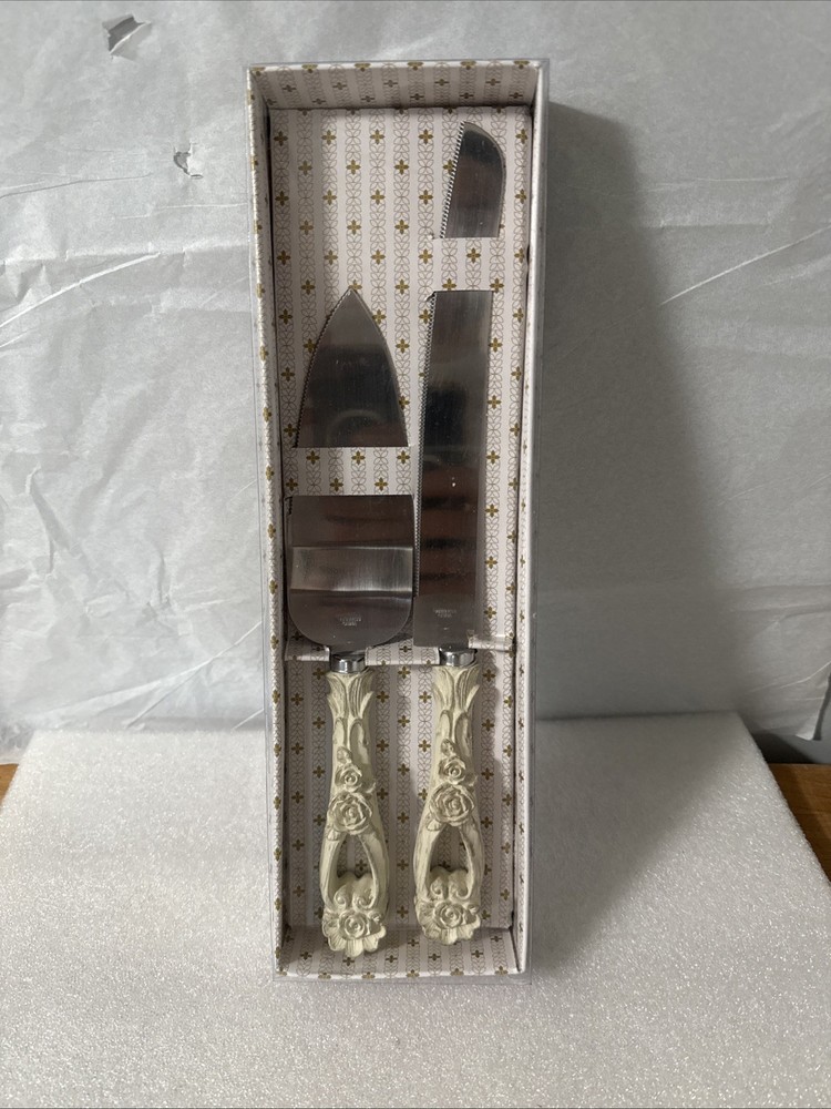 Wedding or Party Antique Ivory Country Chic Cake Knife and Server Set.