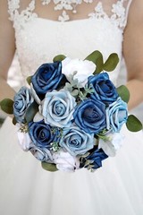 Dusty Blue Navy Rose Bridal Bouquet White Wedding Flowers Eucalyptus Bridesmaid