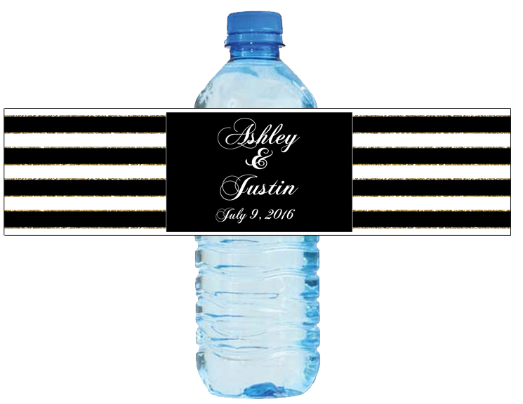 100 Black White & Gold stripes Wedding Birthday Party Water Bottle Labels