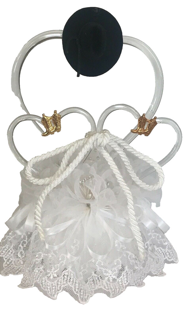 Western Hearts with Cowboy Boot Charms and Cowboy Hat, White Wedding Cake Topper