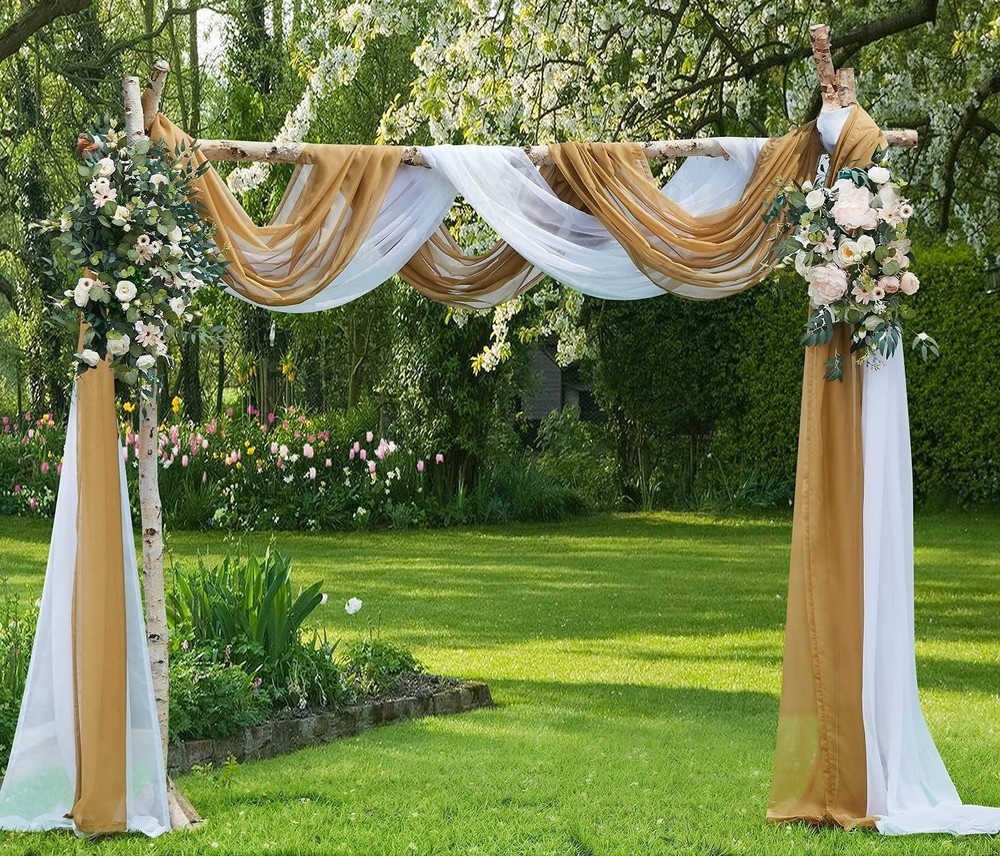 Wedding Arch Draping Fabric Bundle Has 2 216 Inch (18 Feet) Scarves in Caramel