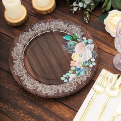25 BROWN 8″ Wood Print Paper Dessert PLATES Floral Lace Rim Party Decorations