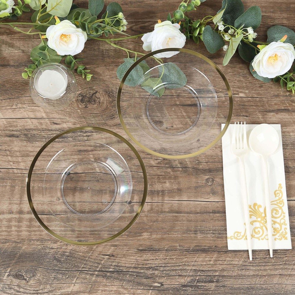 20 pcs 12 oz CLEAR GOLD Rim Plastic Salad Soup Bowls Wedding Party Events Favors