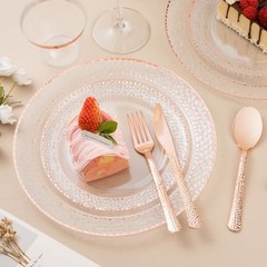 350PCS Clear Plastic Plates with Trim for 50 Guests, 50 Guests Set Rose Gold
