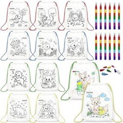12 PCS Colorable Drawstring Backpack for 12 backpacks and 12 crayons (7 Colors)
