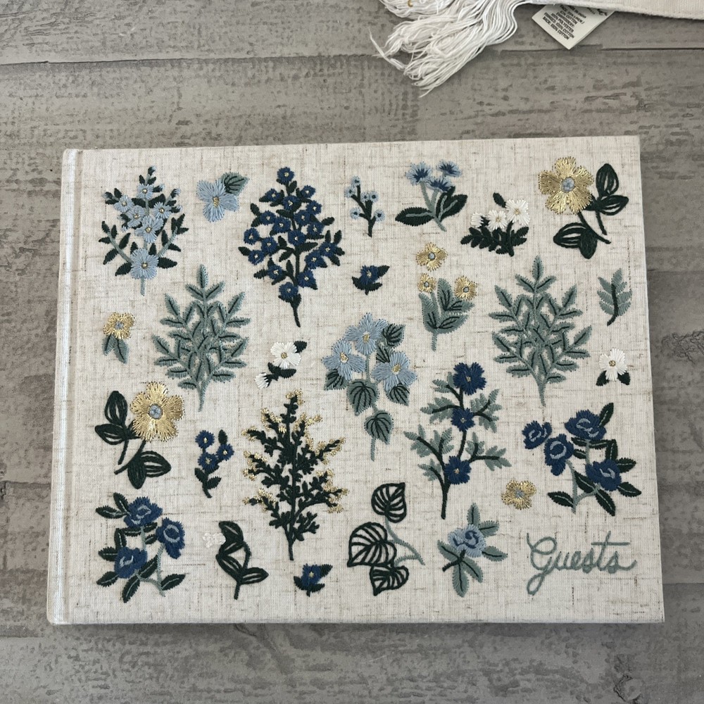 Rifle Wildwood Embroidered Fabric Blue Gold Whimsical Cottage Floral Guest Book
