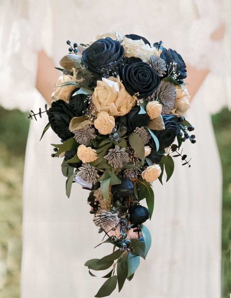 Sola Wood Bridal Cascade Bouquet Wedding Flowers Blue Pink Burgundy Yellow Gray