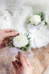 Handcrafted Ivory Rose Wrist Corsage with Boutonniere for Special Occasions