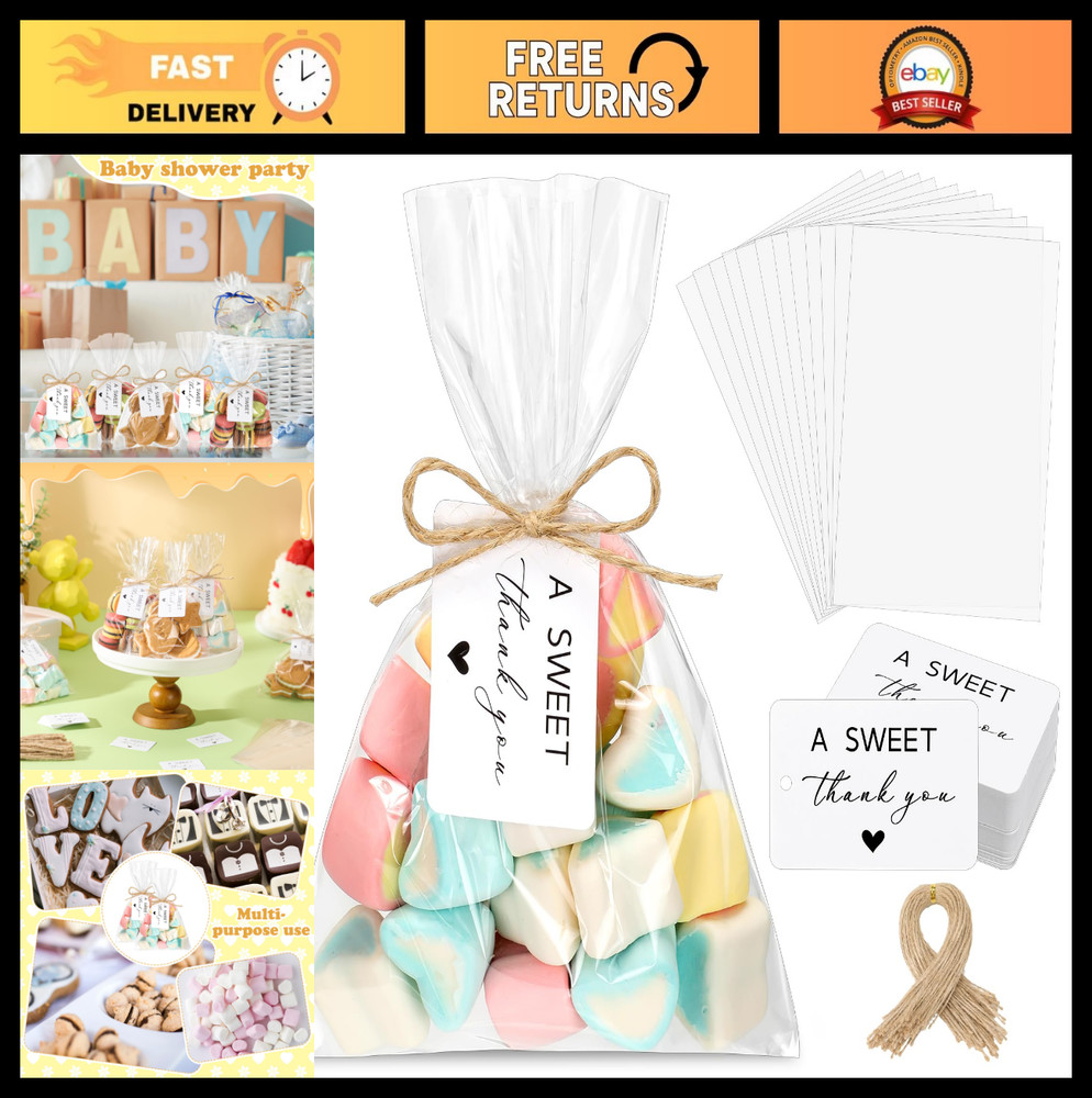 100 Sweet Thank You Tags for Candy Bags – 4×6 Wedding Favor Labels & Cellophane