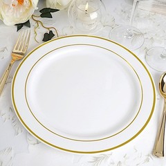 Plastic WHITE with Gold Rim 10.25″ PLATES Disposable Party Wedding WHOLESALE