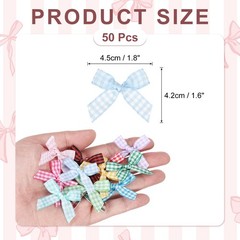 50 Pcs Mini Gingham Ribbon Bows 1.8 Inch Satin Ribbon Bows Light Blue White