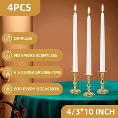 4 Pack White Taper Candles – Taper Candles 10 Inch Dripless, Smokeless & Unscent