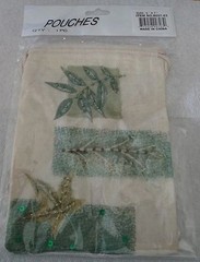 6 Ivory 5×7″ Muslin Leave Leaves printed on front Drawstring Beaded Favor Bags
