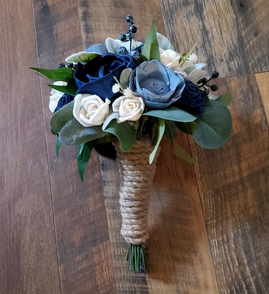 Navy Dusty Blue Bridesmaid Decor Bouquet Thistle Sola Wood Wedding Flower Girl