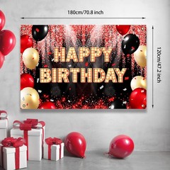 Happy Birthday Backdrop Banner Black and Red Theme Background with Neon Shiny…