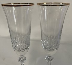 Pair of Cut Crystal Gold Rim Champagne Flutes Wedding Toast