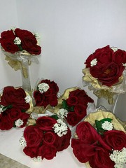 LOT OF 8 SILK Red Rose Wedding Bouquets with Gold Wired Ribbon & Gold & Shiny