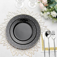 10 Round 10″ Black Plastic Dinner Plates with Gold Dotted Rim Party Catering