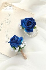 Classic Royal Blue Wrist Corsage with Elegant Boutonniere – Perfect for Weddings