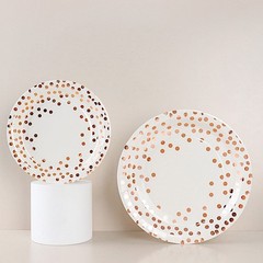 25 WHITE 9″ Round PAPER PLATES ROSE GOLD Polka Dots Party Events Home Tableware