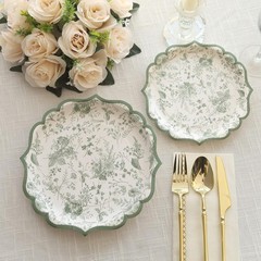 25 White Sage Green 10″ Floral Leaf Print Paper Plates Scalloped Rim Party Event