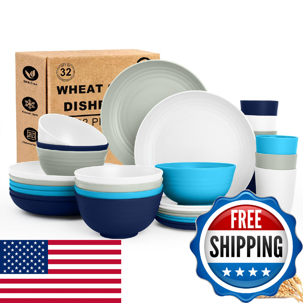 BUSOKIP Wheat Straw Dishes Sets for 8, Reusable Plastic Dinnerware Sets 32-Piece