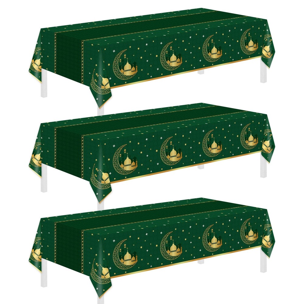 Childom 3 Pack Ramadan Table Cloth,Ramadan 54 x 108 inches, Eid Mubarak-green