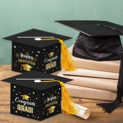 2026 Graduation Party Card Box, Black Gold Congrats Cap Card Holder Box with Tas