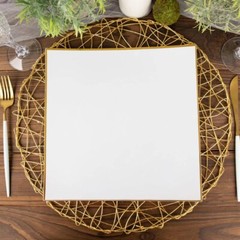 10 WHITE 10″ Square Concave Plastic Salad Dinner PLATES Gold Rim Party Events