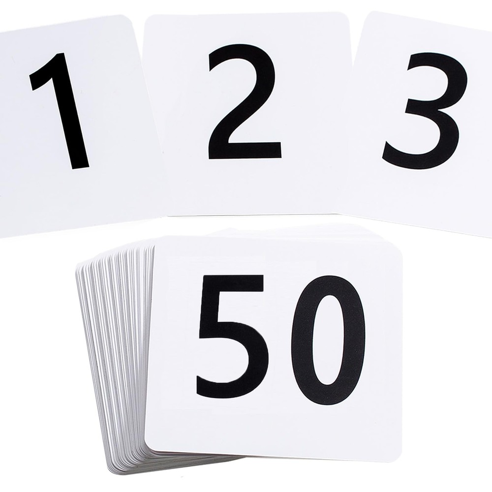 50 Pcs Double-Sided Table Numbers 1-50, 3.7×4 Inch Plastic Cards, White
