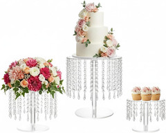 Acrylic Wedding Cake Stand Set – 3 Clear Round Stands with Crystal Pendants