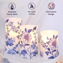 Flameless Candles Blue and White Porcelain Floral Chinoiserie Decor Battery