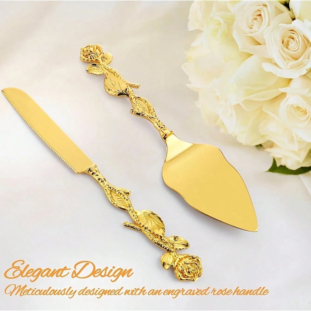 Personalized Gold Cake Knife Server Set Engraved Wedding Bridal Birthday Gift
