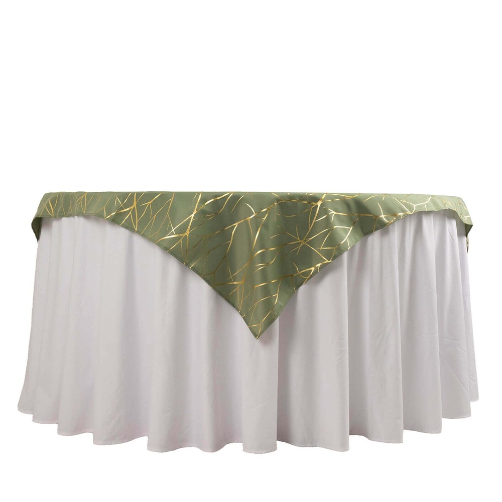 54″x54″ Dusty Green Polyester Square Table Overlay Metallic Geometric Pattern
