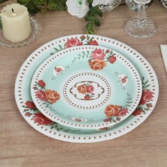 25 TURQUOISE 7″ Paper Round Plates with Vintage Rose Flower Print Wedding