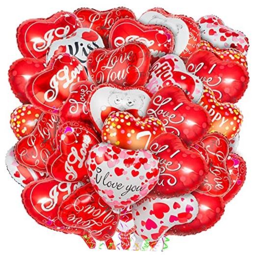 36 Pieces Red Heart Balloons, Happy Valentines Day I Love You Foil Mylar 36 Red