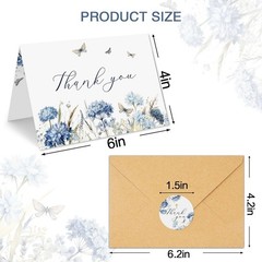 25 Pcs Funeral Thank You Cards with Envelopes, 4×6 In Watercolor Blue Flowe
