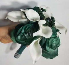 Hunter Green Rose Calla Lily Bridal Wedding Bouquet Accessories