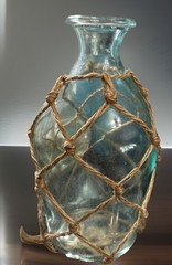 Nautical Teal Blue Glass and Twine Rope Decorative Jar / Vase